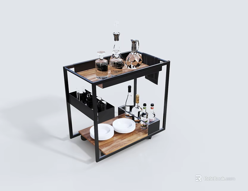 Mobile Serving Trolley With Metal Frame Wooden Top Wine Glasses And Plates 3d model 