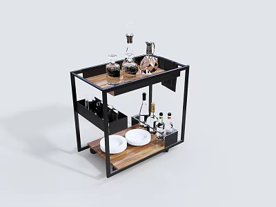 Mobile Serving Trolley With Metal Frame Wooden Top Wine Glasses And Plates 3d model