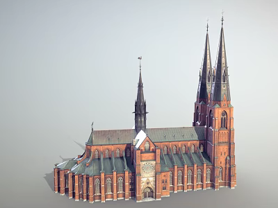 Ancient Gothic Architecture with Tall Spires Red Brick Walls Green Roof and Historic Clock Tower 3d model