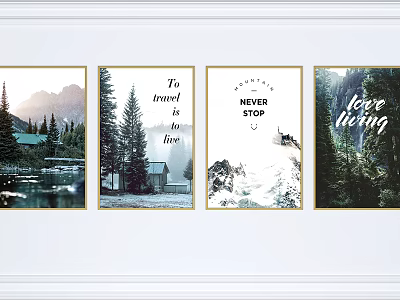 Four Panel Landscape Wall Art With Mountains Lake Pine Trees Forest Cabins And Travel Quotes 3d model