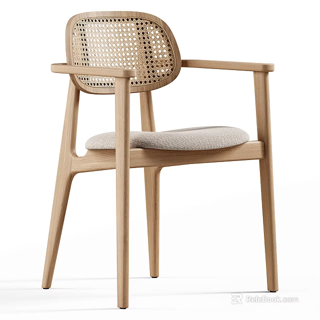 Minimalist Wooden Dining Chair With Woven Backrest Armrest And Padded Seat Design 3d model 
