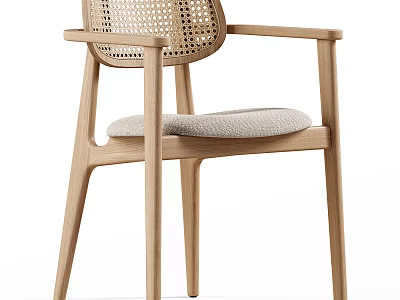 Minimalist Wooden Dining Chair With Woven Backrest Armrest And Padded Seat Design 3d model