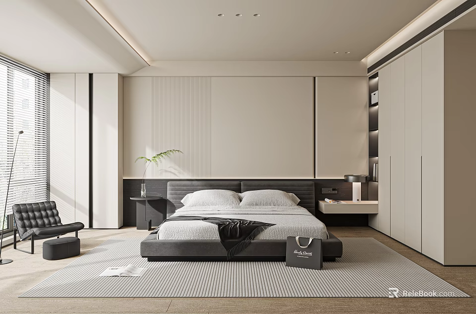 Modern Bedroom Interior With Bed Nightstand Wardrobe Accent Chair And Rug 3d model 