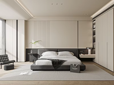 Modern Bedroom Interior With Bed Nightstand Wardrobe Accent Chair And Rug 3d model