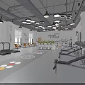 Modern Fitness Gym With Treadmills Weight Benches Dumbbells Colorful Floor Mats And Bicycle Murals