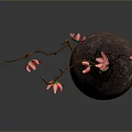 Carved Vase Sculpture With Textured Brown Surface And Pink Flower Branches On Dark Background