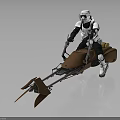 Brown Futuristic Speeder Motorcycle With Long Front Forks Ridden by White Armored Figure
