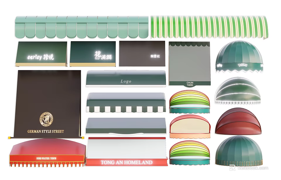 Various Styles And Colors Of Awnings For Outdoor Home And Commercial Design 3d model 