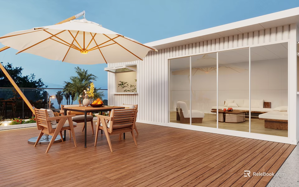 Villa Balcony With Wooden Deck Outdoor Dining Set Umbrella And Ocean View 3d model 