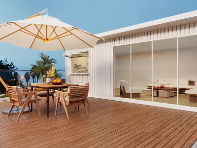 Villa Balcony With Wooden Deck Outdoor Dining Set Umbrella And Ocean View 3d model