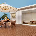 Villa Balcony With Wooden Deck Outdoor Dining Set Umbrella And Ocean View