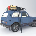 Blue Vintage Car With Open Door And Roof Mounted Luggage For Travel