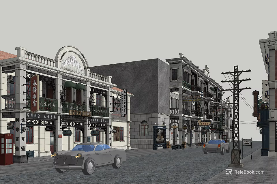 Retro Commercial Street Featuring Vintage Architecture Shop Signs and Old Cars on Cobblestone Road 3d model 