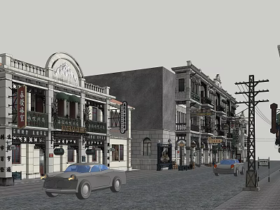 Retro Commercial Street Featuring Vintage Architecture Shop Signs and Old Cars on Cobblestone Road 3d model