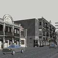 Retro Commercial Street Featuring Vintage Architecture Shop Signs and Old Cars on Cobblestone Road