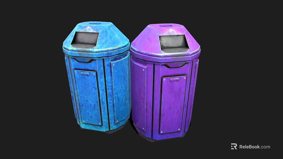 Blue And Purple Public Trash Bins With Lids For Outdoor Waste Disposal 3d model 
