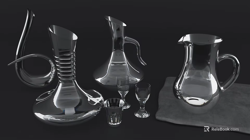 Elegant Transparent Wine Bottles and Wine Glasses in Various Shapes on Black Background 3d model 