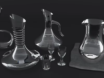 Elegant Transparent Wine Bottles and Wine Glasses in Various Shapes on Black Background 3d model