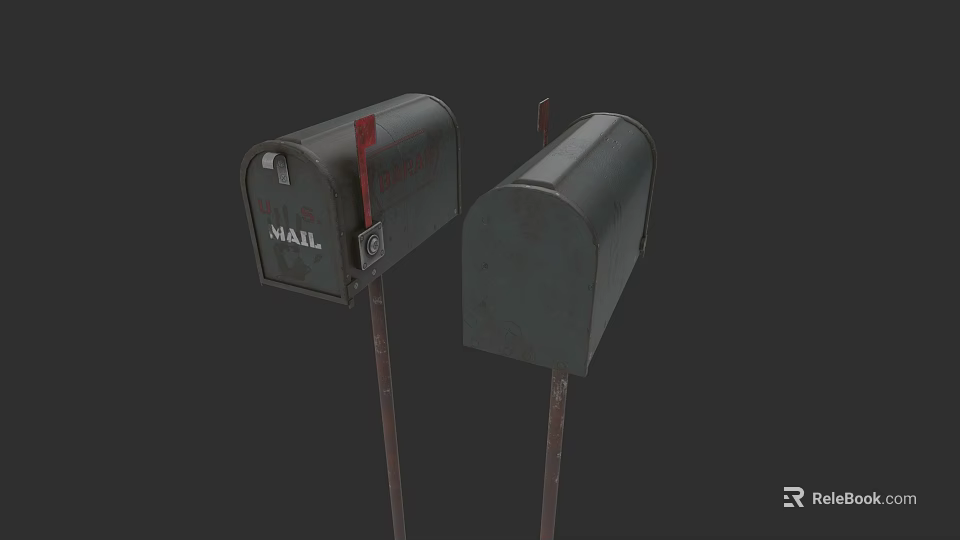 Vintage Metal Mailboxes With Red Flag And Mail Label On Poles 3d model 