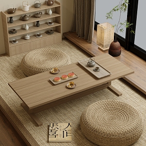 New Chinese Zen Tatami Tea Room Tea Table and Chair Combination 3d model