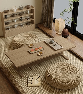 New Chinese Zen Tatami Tea Room Tea Table and Chair Combination 3d model