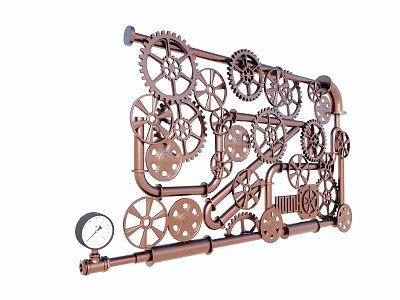 Mechanical Hardware Tools With Copper Colored Pipes Gears And Pressure Gauge 3d model