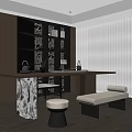 Modern Tea Room Interior With Wooden Shelves Marble Tea Table Bench Seating And Curtains