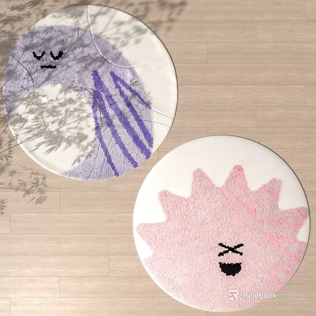 Round Rug with Purple White Smiley Face Pink Sunflower X Eyes on Wooden Floor 3d model 