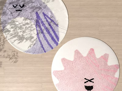 Round Rug with Purple White Smiley Face Pink Sunflower X Eyes on Wooden Floor 3d model