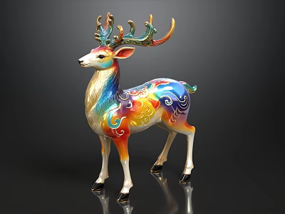Colorful Deer Sculpture With Ornate Antlers And Vibrant Body Patterns On Black Background 3d model