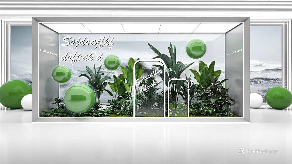 Sophisticated Shop Window Display With Green Spheres Plants And Glass Shelves 3d model 