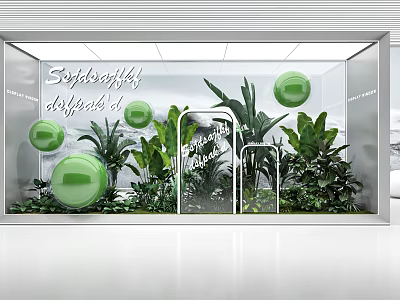 Sophisticated Shop Window Display With Green Spheres Plants And Glass Shelves 3d model