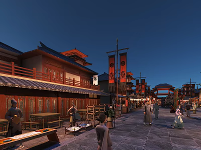 Ancient Style Commercial Street With Traditional Architecture Red Lanterns And Evening Pedestrians 3d model