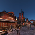Ancient Style Commercial Street With Traditional Architecture Red Lanterns And Evening Pedestrians
