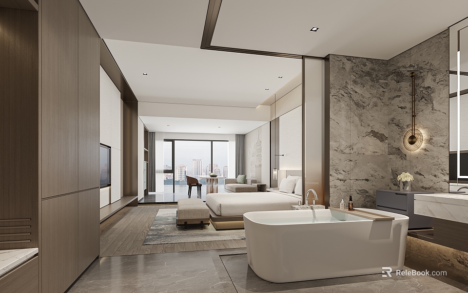 Modern Hotel Room Interior With Marble Wall Bathtub Bed And Floor to Ceiling Windows 3d model 