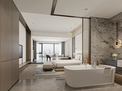 Modern Hotel Room Interior With Marble Wall Bathtub Bed And Floor to Ceiling Windows 3d model