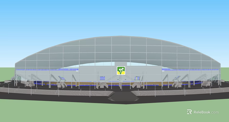 Modern Football Stadium With Glass Facade Arched Roof And Green Logo Entrance 3d model 