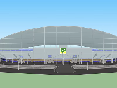Modern Football Stadium With Glass Facade Arched Roof And Green Logo Entrance 3d model