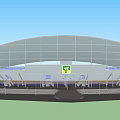 Modern Football Stadium With Glass Facade Arched Roof And Green Logo Entrance