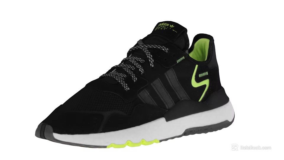 Black Sporty Sneakers With Three Stripes Green Accents White Sole And Yellow Trim 3d model 
