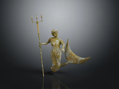 Golden Game And Movie Character Holding Trident With Flowing Cloak In Statue Form 3d model