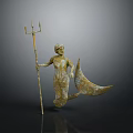 Golden Game And Movie Character Holding Trident With Flowing Cloak In Statue Form