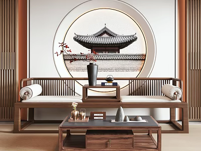 New Chinese-style Rohan Bed Sofa Coffee Table Combination 3d model