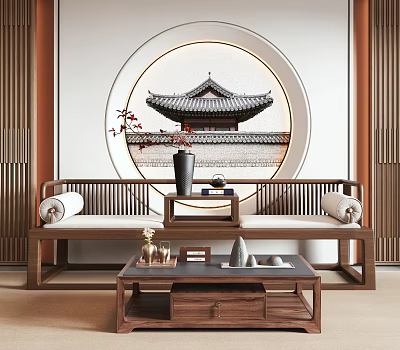 Arhat Bed With Wooden Structure Cushions And Tea Table By Circular Backdrop Wall 3d model