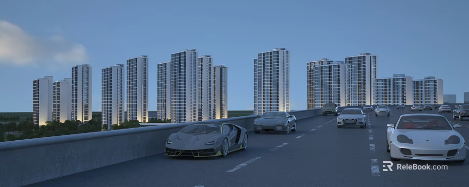 Modern High-Rise Residential Buildings Under Evening Sky With Sports Cars On Road 3d model 