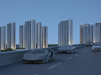 Modern High-Rise Residential Buildings Under Evening Sky With Sports Cars On Road 3d model