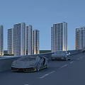 Modern High-Rise Residential Buildings Under Evening Sky With Sports Cars On Road