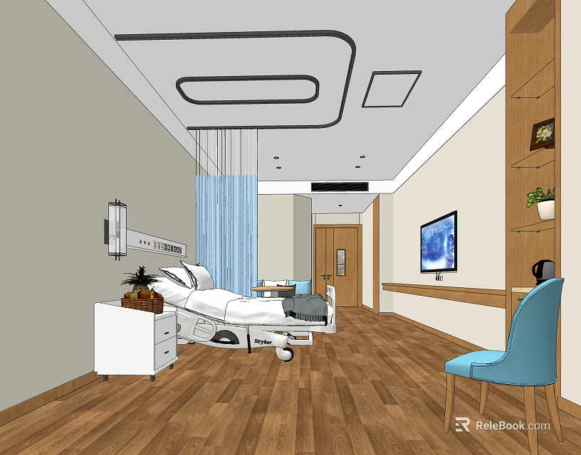 Modern Hospital Room Interior With Medical Bed TV Wooden Floor And Blue Chair 3d model 