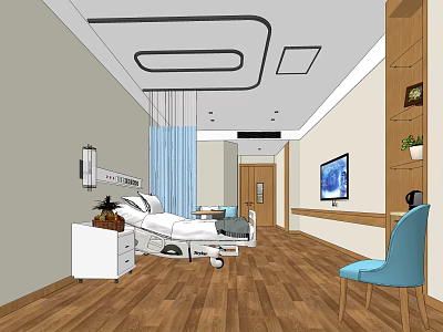 Modern Hospital Room Interior With Medical Bed TV Wooden Floor And Blue Chair 3d model