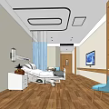 Modern Hospital Room Interior With Medical Bed TV Wooden Floor And Blue Chair